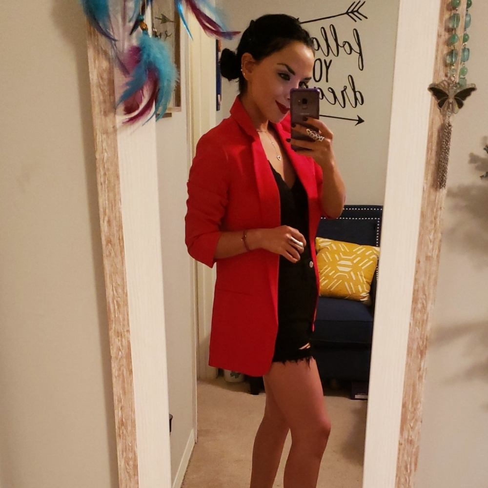Express Red Rolled Sleeve Boyfriend Blazer - XS